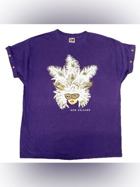 VTG Mardi Gras Womens XL Purple Graphic T Shirt Glitter Stud Sleeve New Orleans